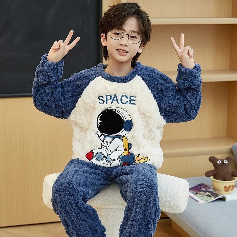 Winter Warm Youth Pajamas Animal Cartoon Bear Childrens Pajama Set Coral Velvet Plush Girls Home Clothing Flannel Boys Pajamas 241118