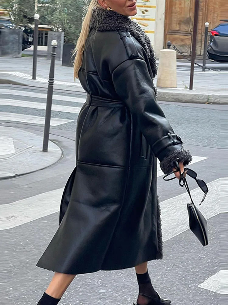 Street womens leather sheepskin wool coat long sleeved single breasted jacket with lapel 2024 thick winter jacket 241118
