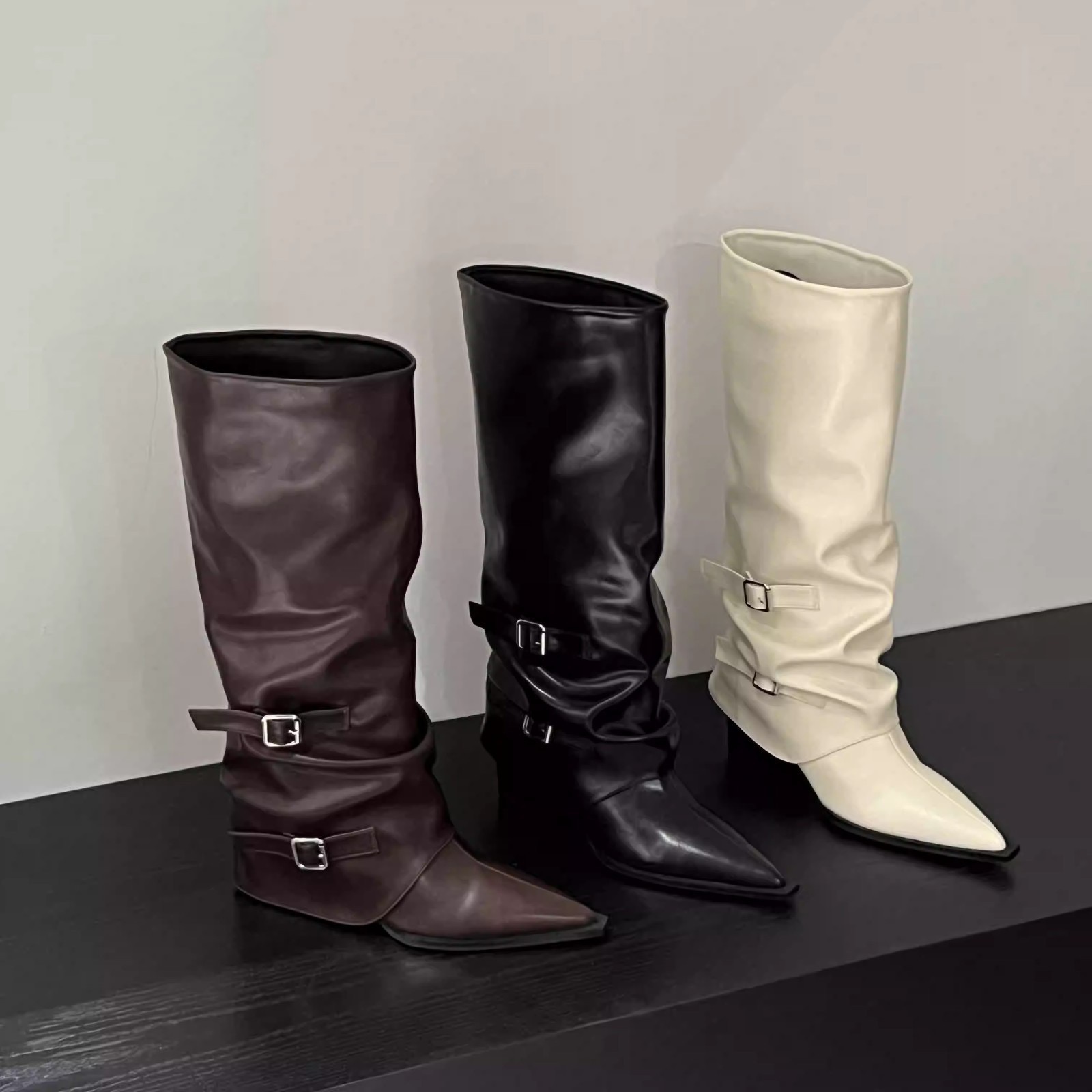 New Footwear Modern Women Knee High Boots Designer Buckle Fashion New Pointed Toe Ladies Long Booties With 5.5CM Heels Female Shoes