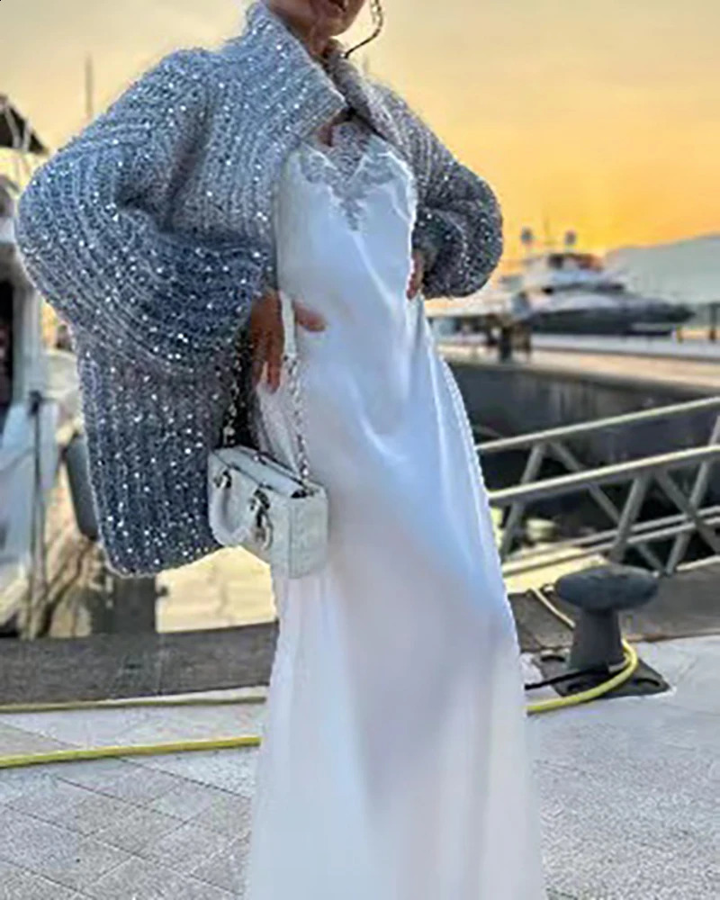 Womens long sleeved knitted cardigan wool sweater with casual sequins V-neck sweater and loose womens coat for autumn and winter 2024 241118