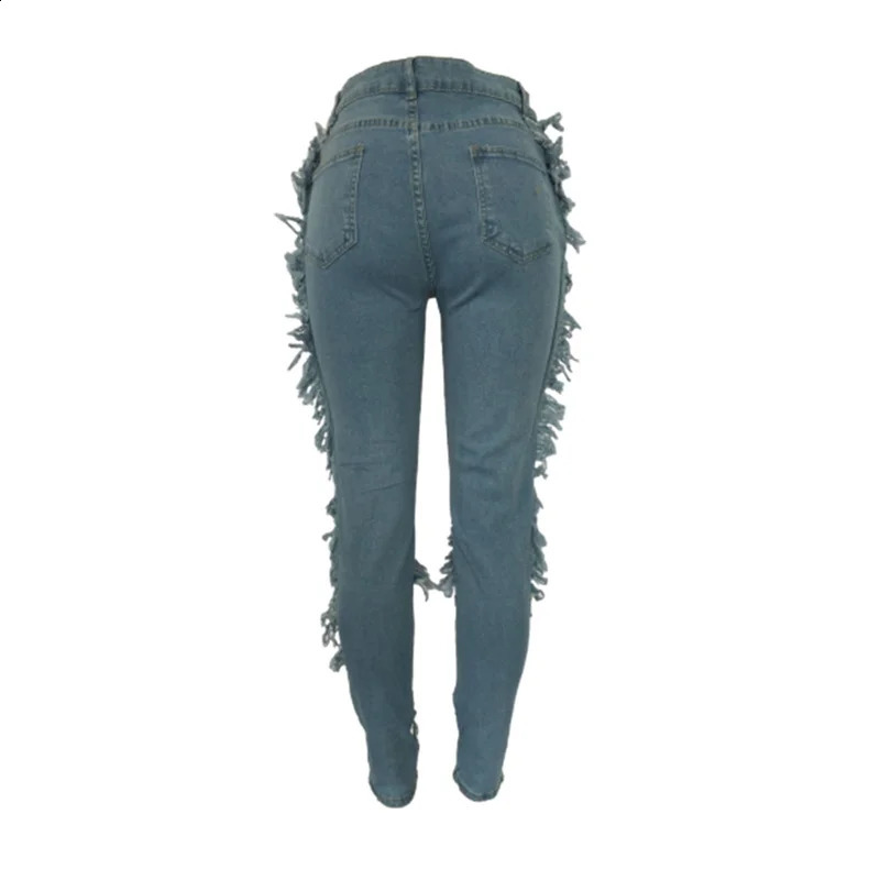 Womens side stitched tassel fashionable pencil jeans stretch slim fit high waisted denim Trouser womens trend casual ripped pants 241118bj