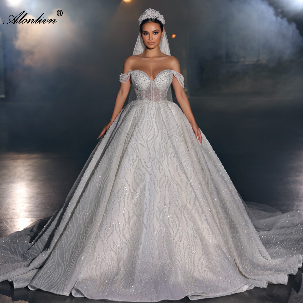 Luxury Beading Pearls Off Shoulder Sleeves Sweetheart Ball Gown Wedding Dress Delicate Beaded Embroidery Lace Bridal Gowns Adroned With Chapel Train