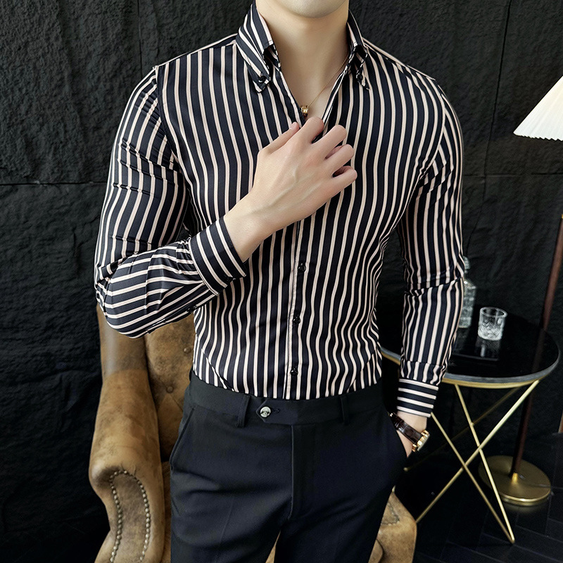 Men's Casual Shirts Luxury Gold Striped Shirt Men Long Sleeve Slim Top Quality British Business Formal Dress Camisa Social Masculina