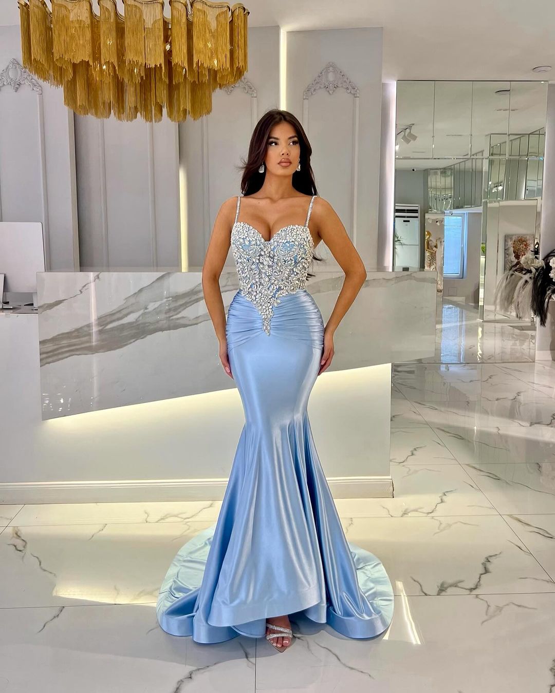 Elegant Light Sky Blue Mermaid Evening Dresses Long for Women Spaghetti Straps Crystals Rhinestone Draped Pleats Prom Birthday Pageant Special Ocn Dre