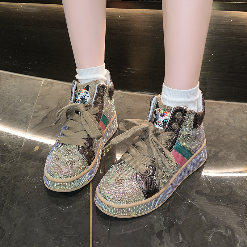 Designer Shiny Sequins Chunky Platform Sneakers Women Breathable Lace Up Height Increase Shoes Woman Fashion Cute Pink Sneakers Luxury high-quality fl