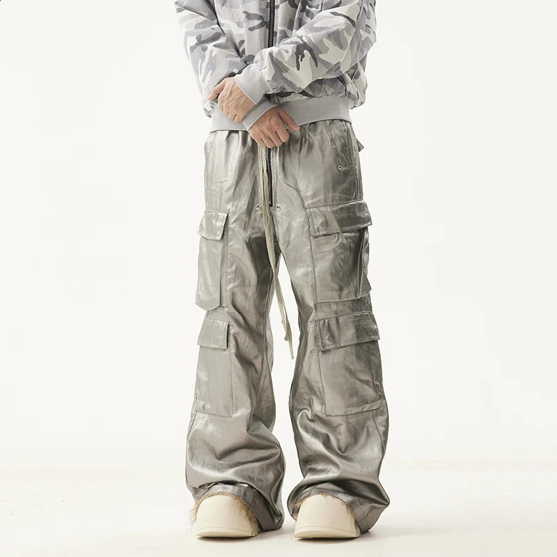 PFNW American Mens Trousers Drawstring Multiple Pockets Matte Coating Silver Stacking Slightly Flared Cargo Pants 28W5487 241116
