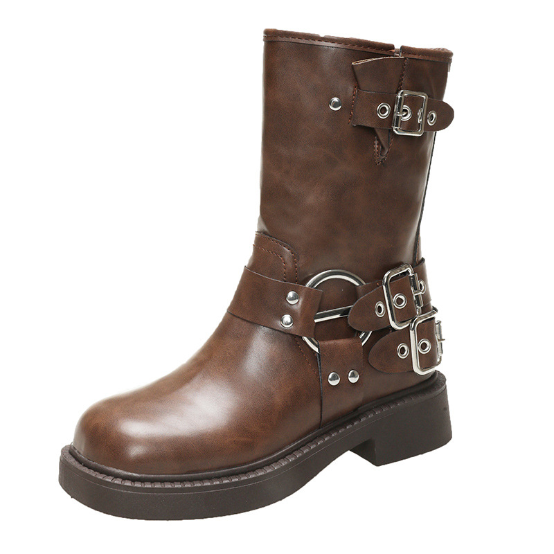 British Minimalist Brown Thick Soled Thick Heeled Knight Boots Free Shipping.