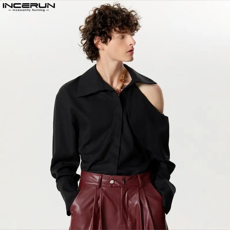 Mens Solid Color Collar Long Sleeve Hollow Street Clothing Mens Clothing Ruffle Fashion Casual Camisas S-5XL INCERUN 241115