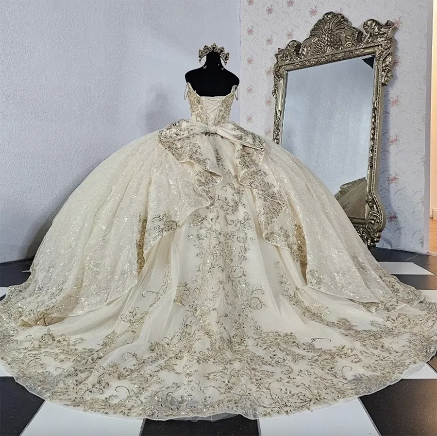 Champagne Light Quinceanera Dresses Off The Shoulder Lace Applique Tulle Ball Gown Birthday Party Sweet Vestidos De Anos