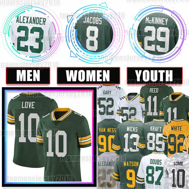 10 Love Jersey Josh Jacobs Football Jayden Reed Tucker Kraft Xavier McKinney Evan Williams Malik Willis Malik Heath Lukas Van Ness Dontayvion Wicks Christian Watson