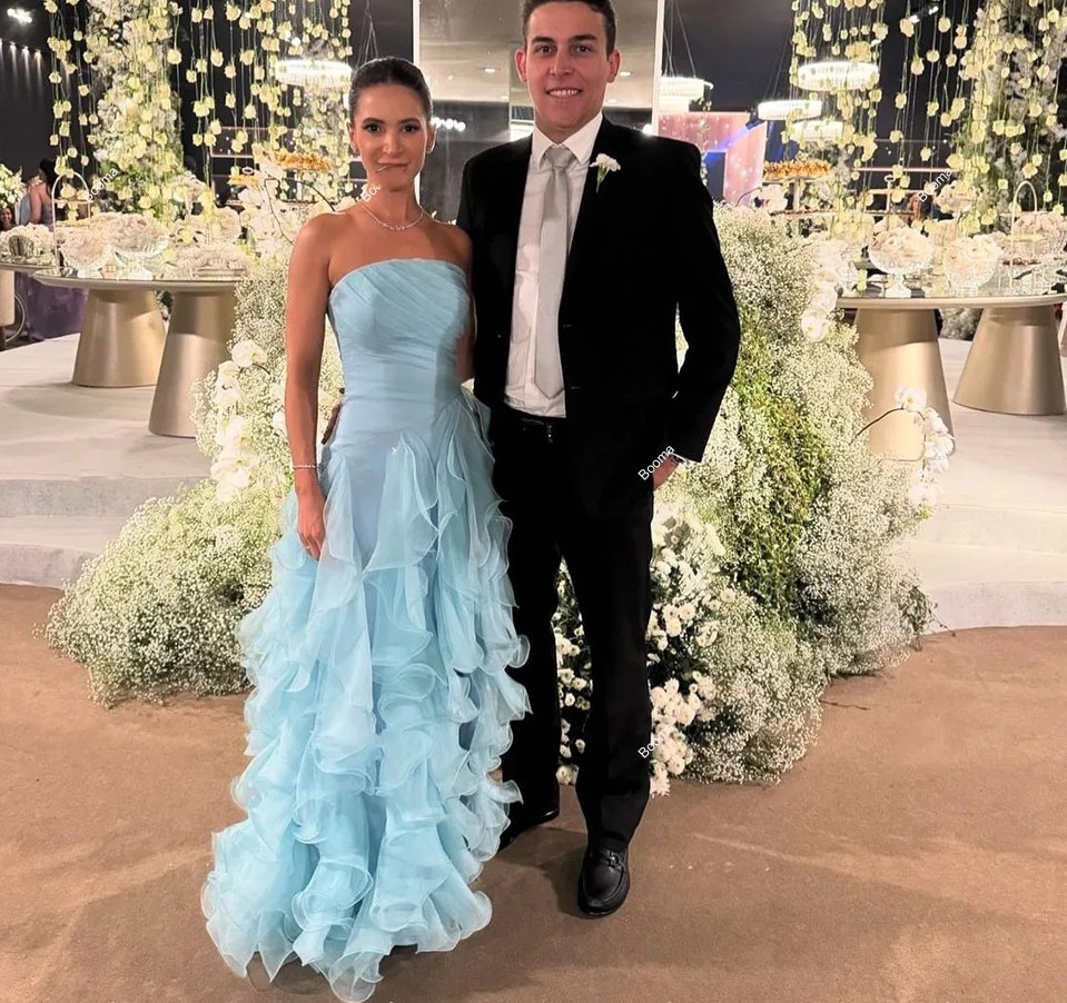 Light Fashion Blue Prom Formal Dresses Strapless Sleeveless Ruffles Tulle Evening Birthday Dress Party Gowns Robe De Soriee Customed