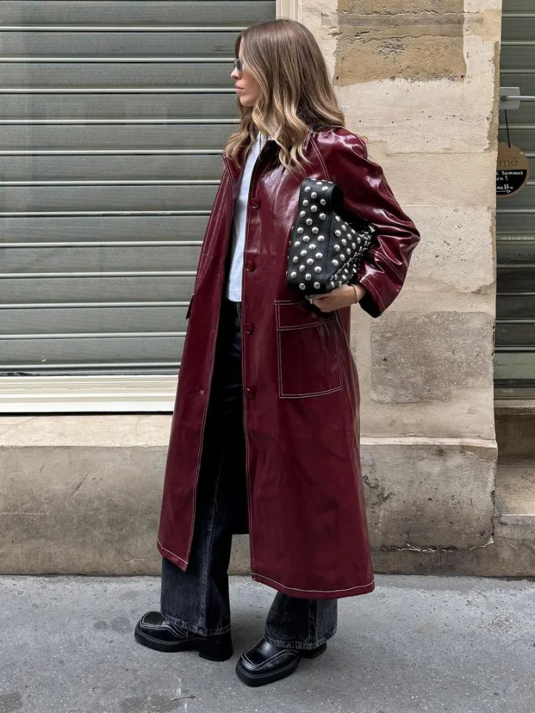 Burgundy Color Stitching Glossy Lacquer Leather Overcoat Fashion Pocket Lapel Oversize Jacket 2024 Lady Streetwear 241118