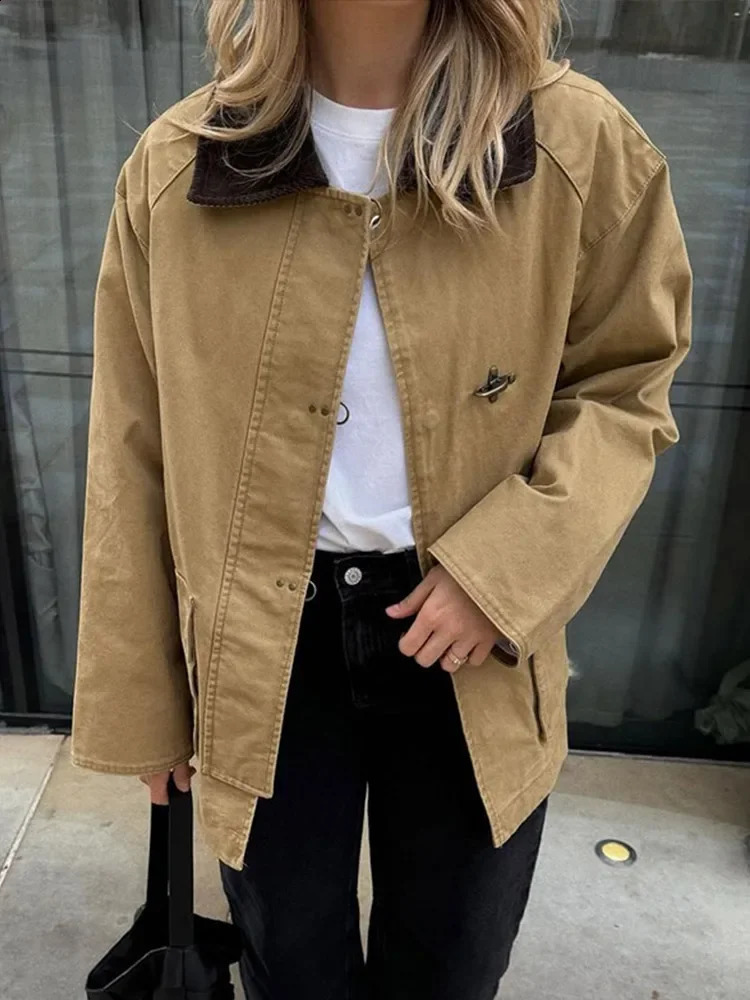 Casual Comparison Collar Jacket Womens Goods Long Sleeve Single Chest Pocket Jacket 2024 Autumn Womens Fashion Street Clothing 241118