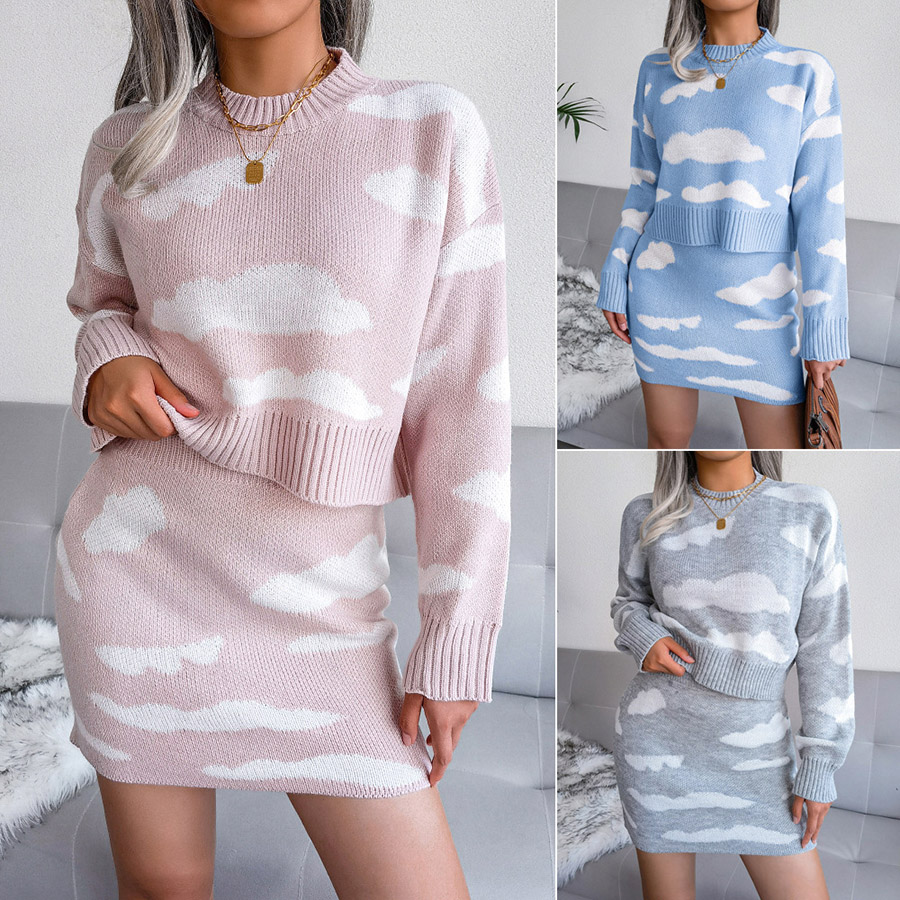 Women's Two Piece Dress White Cloud Pattern Knit Sweater and Wrap Hip Skirt