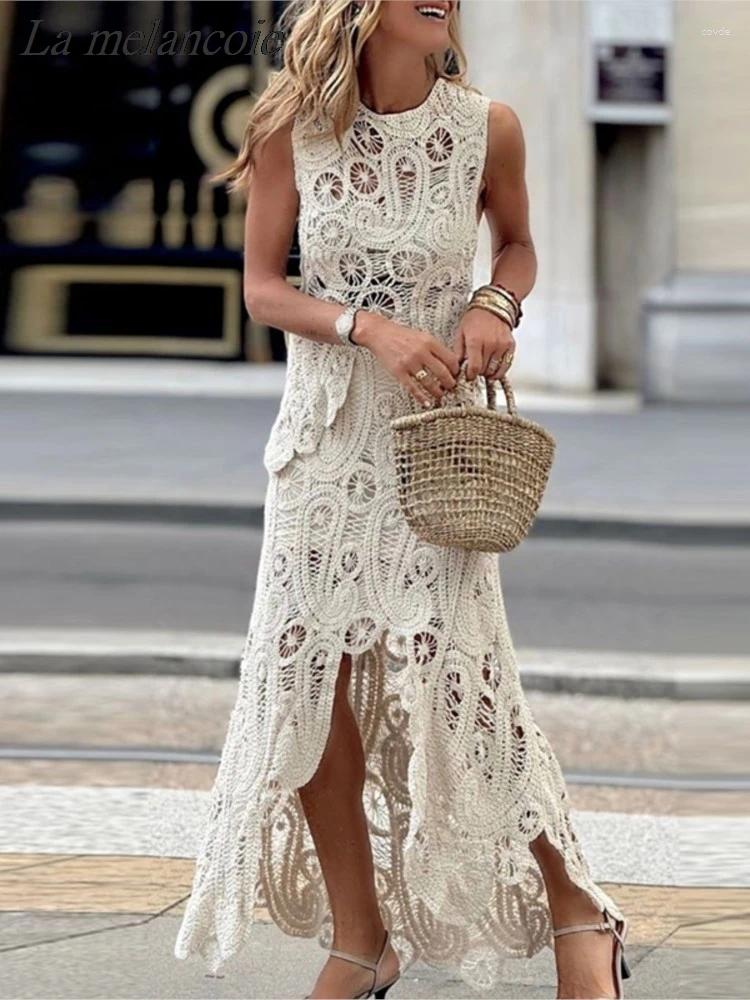 Work Dresses Crochet Knitted Irregular Top & Skirts Set Woman Summer Sexy Sleeveless Tank High Waist Elegant Chic Outfit