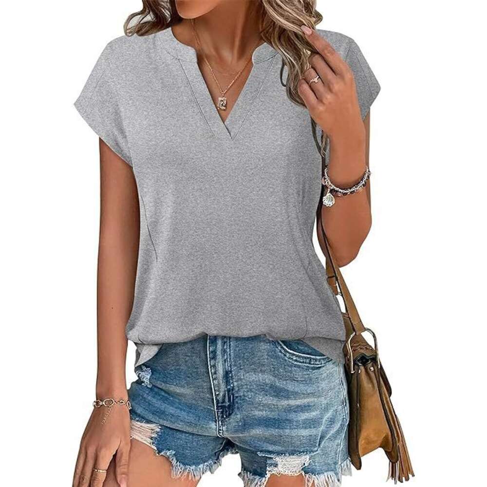 Women's 2024 Spring/summer Solid V-neck Casual Loose Short Sleeved T-shirtF41829