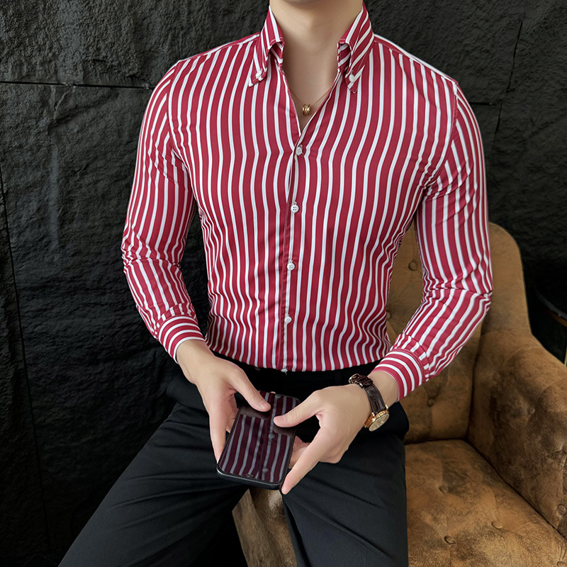 Men's Casual Shirts Luxury Gold Striped Shirt Men Long Sleeve Slim Top Quality British Business Formal Dress Camisa Social Masculina
