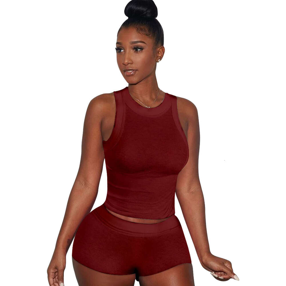 New Summer Sportwear Womens Casual Classic Sexy Solid Color Tank Top Shorts Two Piece Set Pit Stripe Fabric