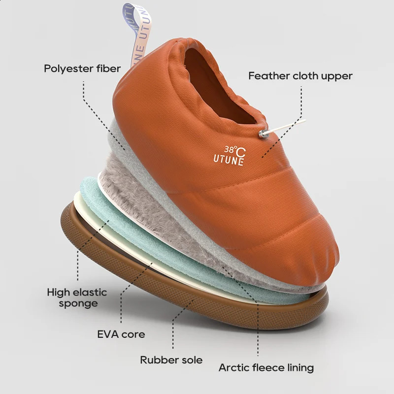 UTUNE Mens Winter Slippers Waterproof Windproof Super Warm Boots NonSlip Cotton Shoes for Outdoor Home with Drawstring n 241118