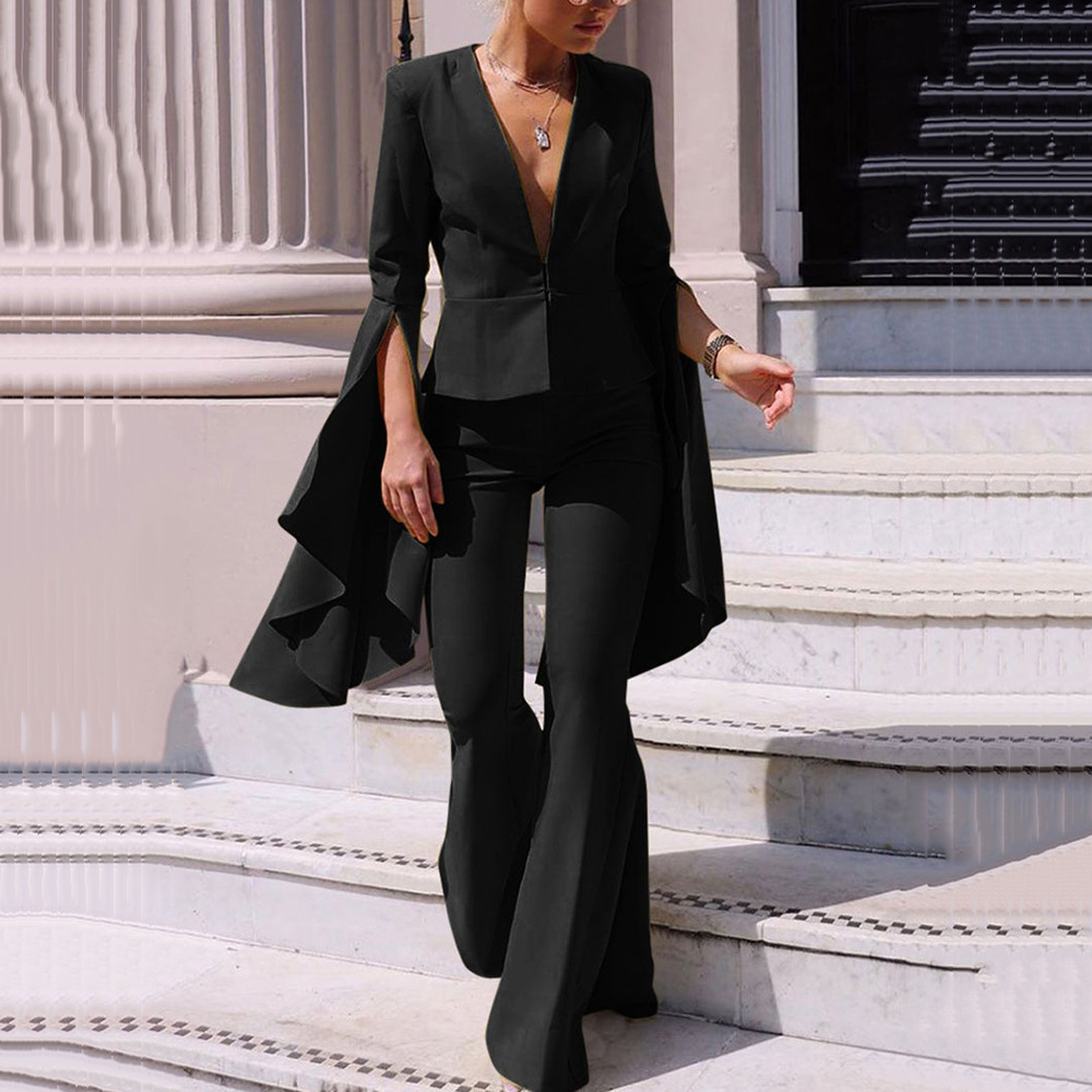 Womens Two Piece Pants VONDA Fashion Autumn Sets Women Sexy Lapel Button Up Suit High Waist Zipper Trousers Elegant Office Oversized 230209