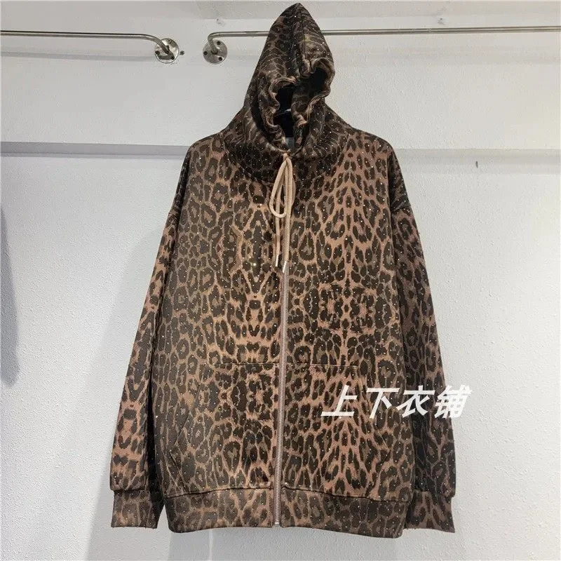 Leopard Print Loose Hooded Coat Leisure Suit Sportswear Women Two Pieces Set Fashion Cardigan Zipper Hoodies Pants TwoPiece 241118
