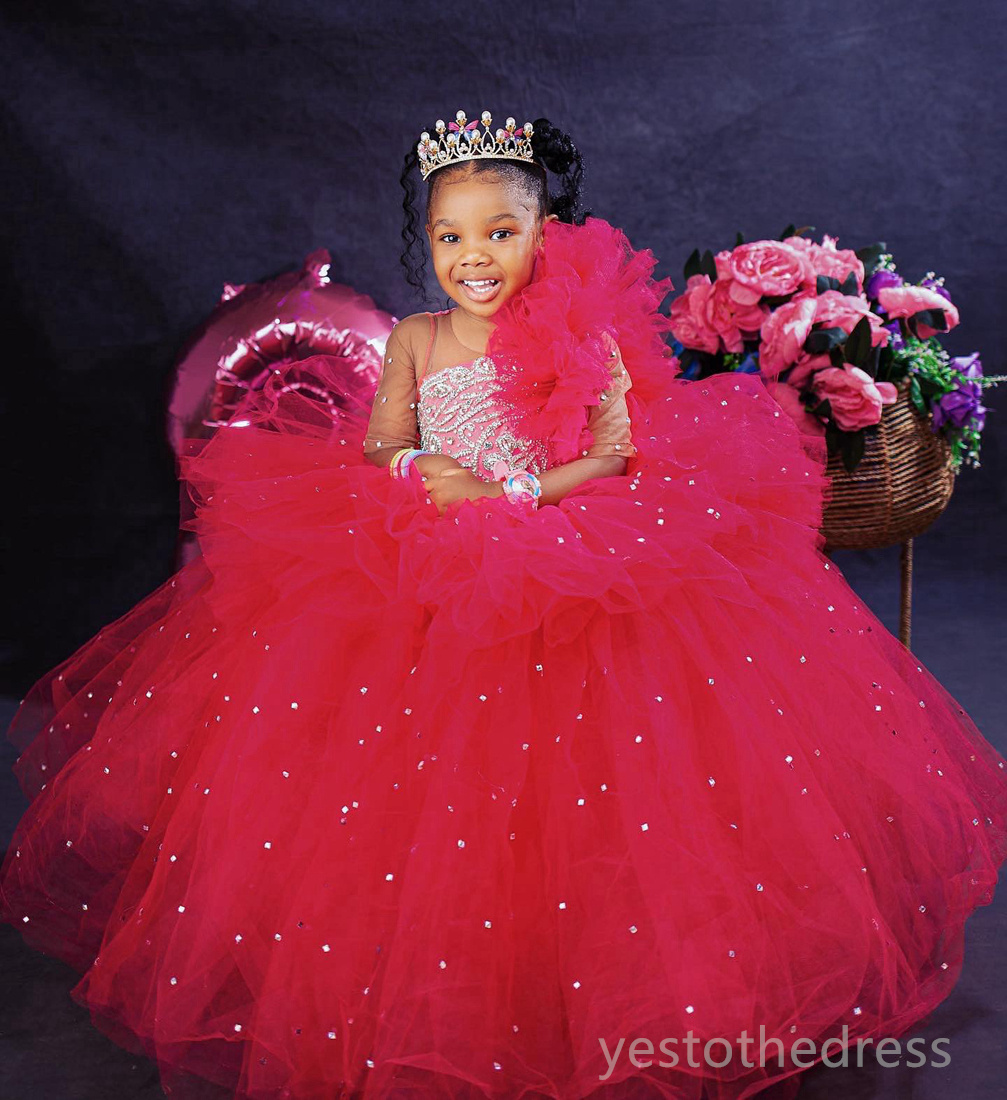 R&W 2024 Hot Pink Girls wer Communion Gowns Long Sleeves Rhies Lace Princess Queen Birthday Party Dress for Little Girl F128