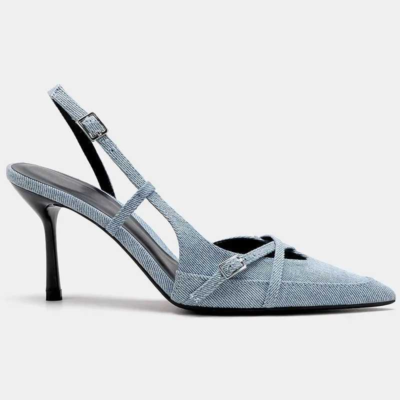 Designer heels TRAF 2024 Summer Warm Denim Blue H Pump Stiletto High Heels Sexy Wan Sandals Fi Hanging Back Corner End Shoes Y241118