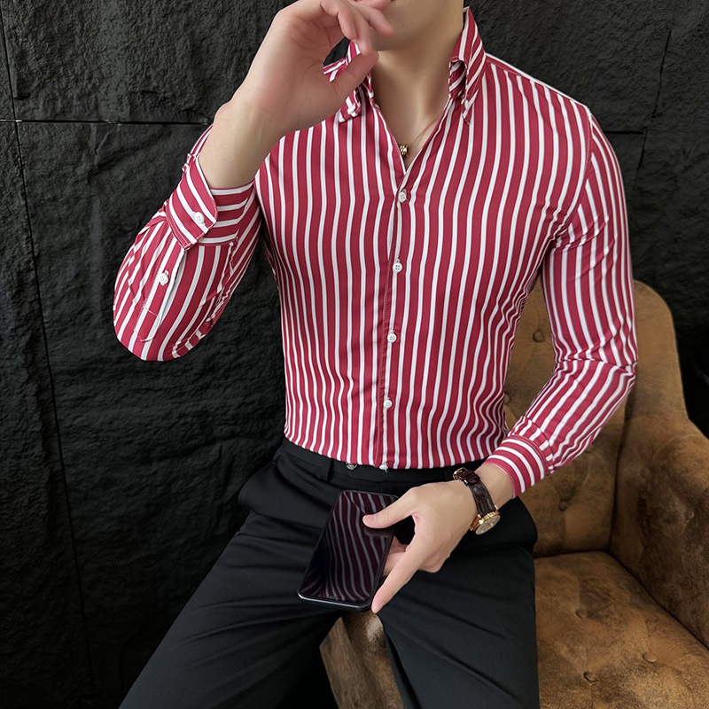 Men's Casual Shirts Luxury Gold Striped Shirt Men Long Sleeve Slim Top Quality British Business Formal Dress Camisa Social Masculina