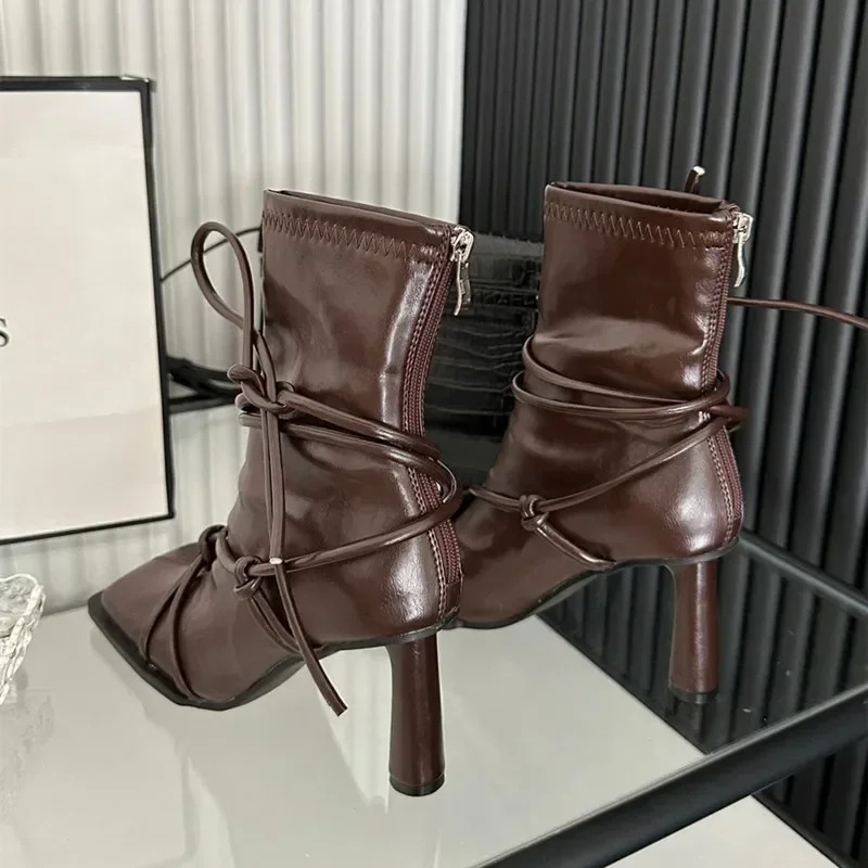 New 2024 Cross Strap Design Square Toe Ankle Boots 2025 Winter Sexy Thin Round High Heels For Women Back Zip Botas Mujer