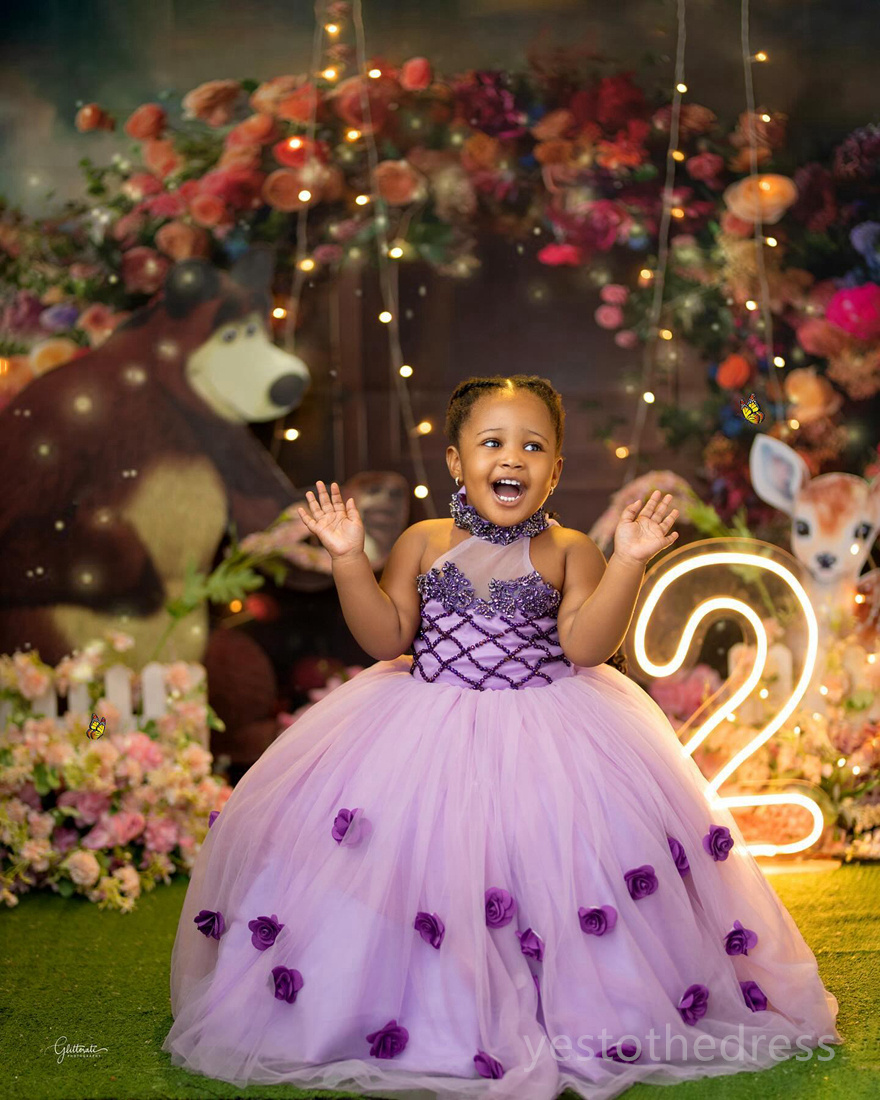 R&W 2024 Purple Girls wer Communion Gowns Halter Pearls Beaded Crystal Princess Queen Birthday Party Dress for Cute Little Girl F127