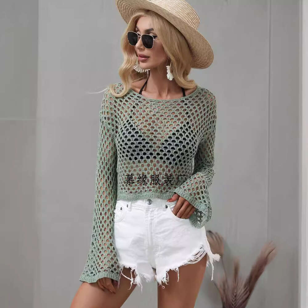 2023 Spring/summer New Knitwear Flare Sleeves Loose Round Neck Hollow Out Sweater for Women F41836