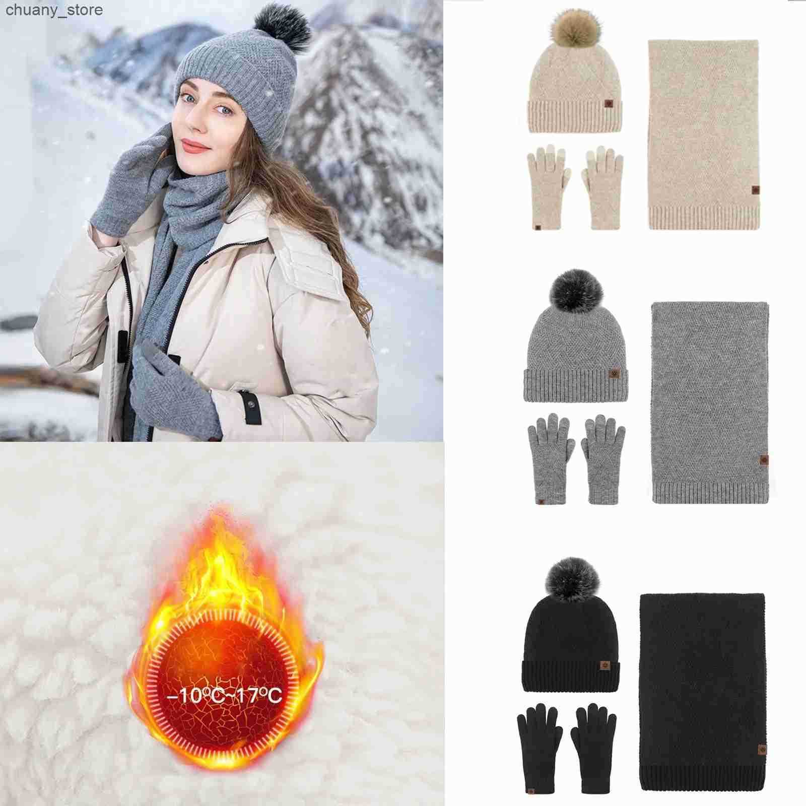 Hats Scarves Sets 3PC Set 2023 Winter Knitted Hat Scarf and Glove Set Womens Fashion Stay Warm Thick Soft Scarf Set Christmas Clothing Accessories L24