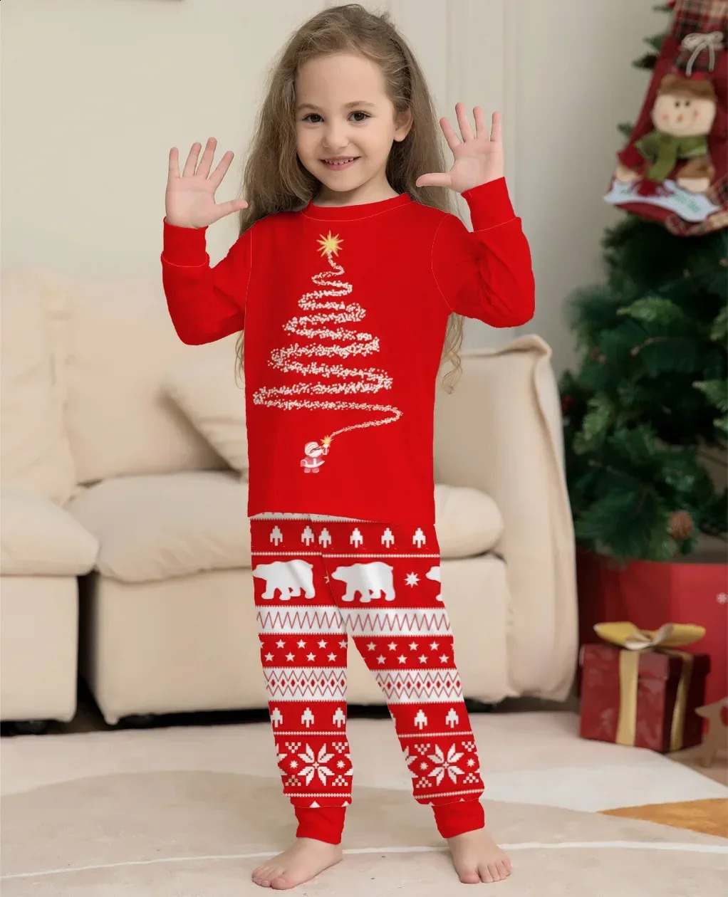Winter Childrens Clothing Set Fireworks Printed Pajamas Full Set O-Neck Cute Soft Childrens Matching Clothing Christmas Appearance Pajamas 241118