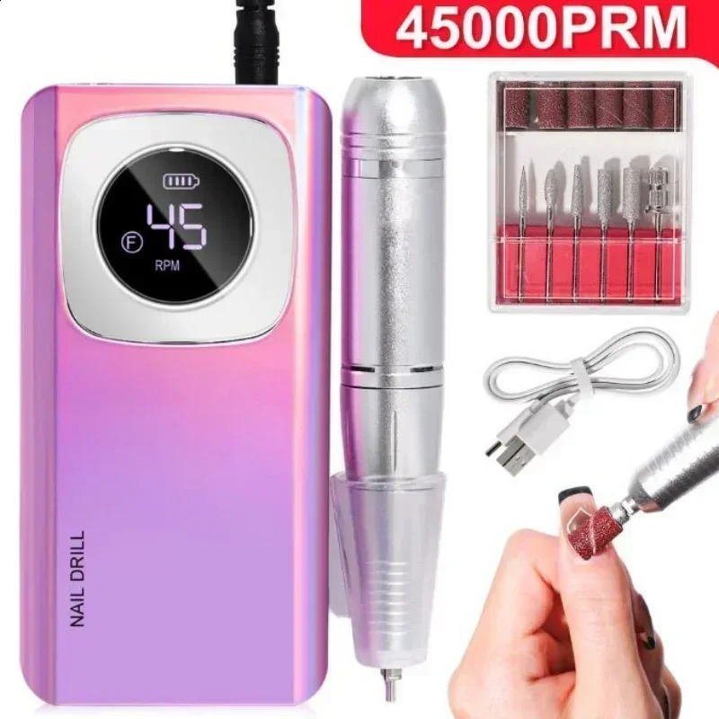 Original 45000RPM Professional Rechargeable Electric Nail Drill Machine Portable Cordless Nail File For Acrylic Gel Nails Remove 241118