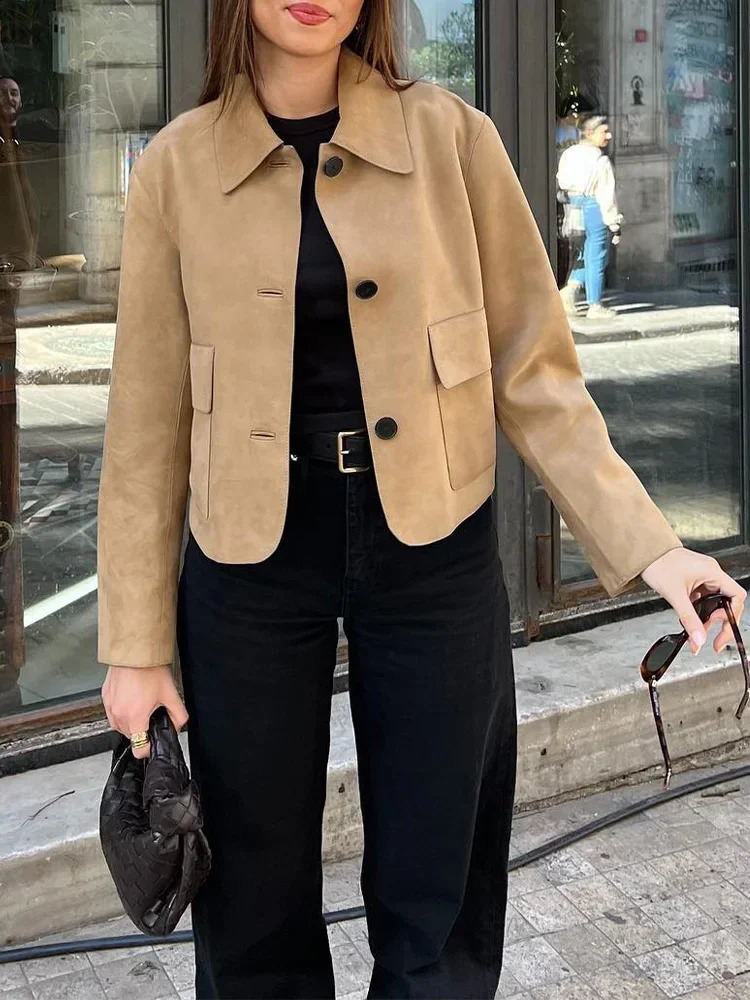 2024 Autumn Womens Street Clothing Fashion Suede Leather Long Sleeve Cutting Jacket Womens Casual Collar Single Chest Pocket Jacket 241118