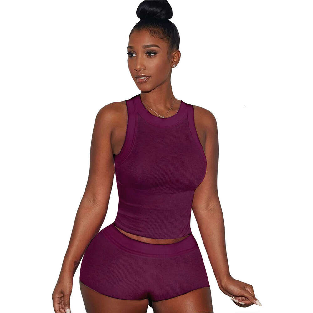 New Summer Sportwear Womens Casual Classic Sexy Solid Color Tank Top Shorts Two Piece Set Pit Stripe Fabric