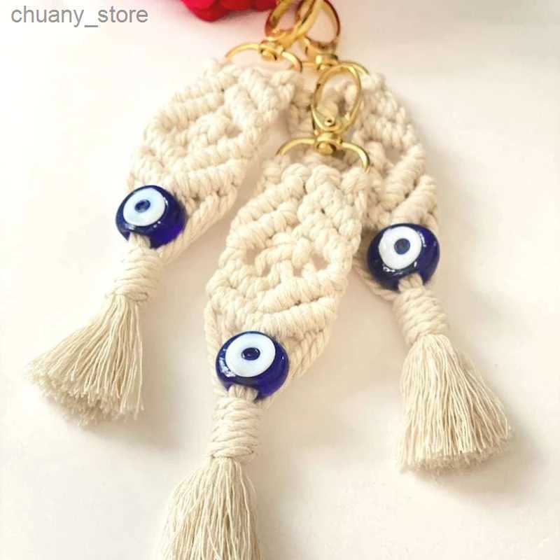 Keychains Lanyards Bohemian handmade Macrame tassel hanging decoration Trkiye Evil Eye and blue glass eye key chain used for home and car decoration Y