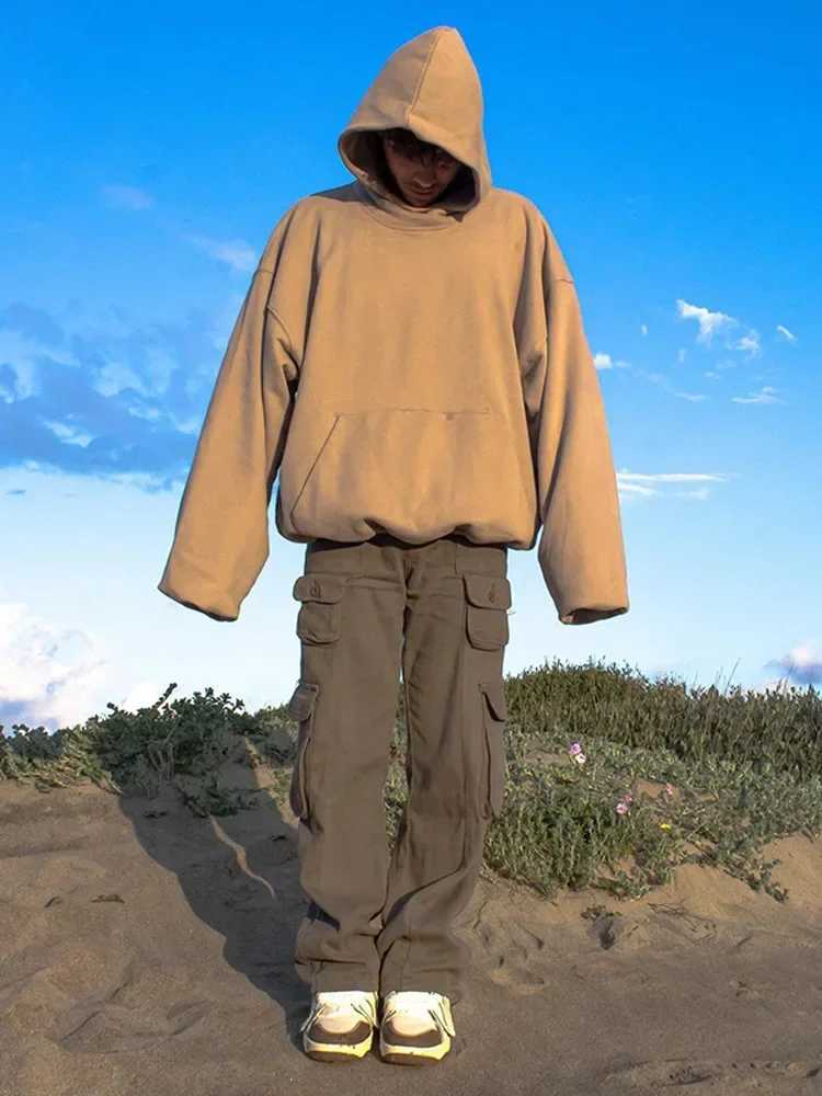 High Quality Oversi Cropped Hoodie Plover Mens Fashion Solid P Kangaroo Pocket Sweatshirt M Street Loose Warm Hoodie T241118