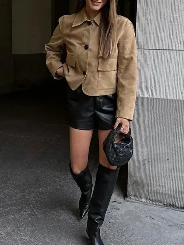 2024 Autumn Womens Street Clothing Fashion Suede Leather Long Sleeve Cutting Jacket Womens Casual Collar Single Chest Pocket Jacket 241118