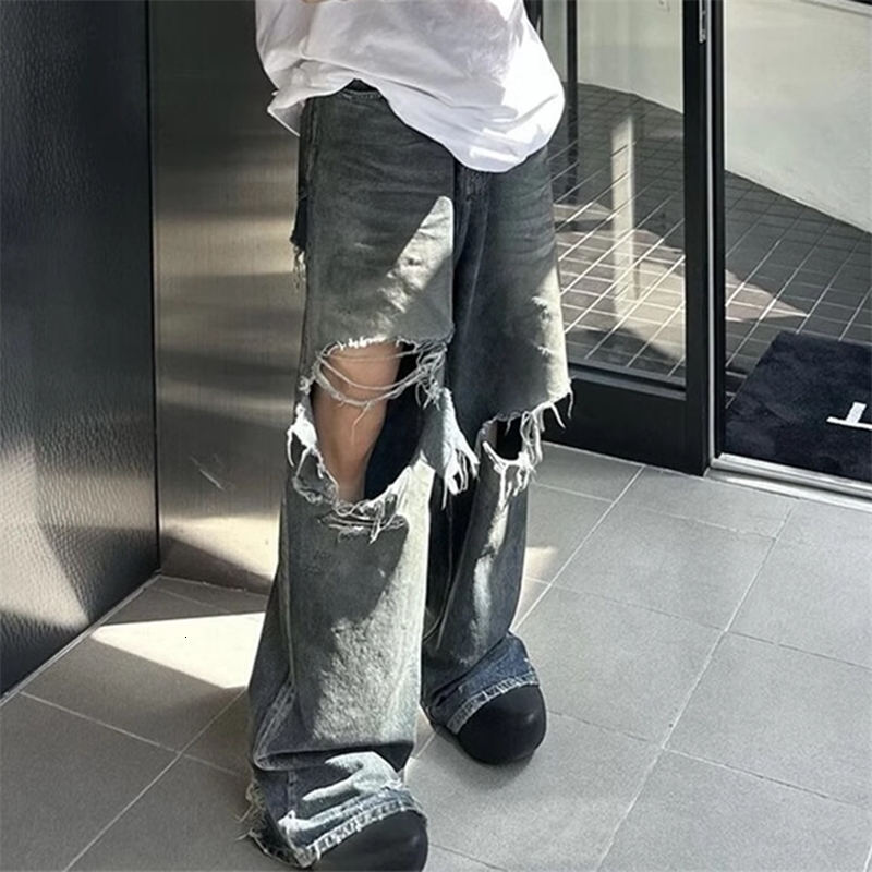 Frayed Damaged Hole Baggy Wide Leg Jeans for Men and Women Streetwear Casual Ropa Hombre Denim Trousers Oversized Cargo Pants y241116