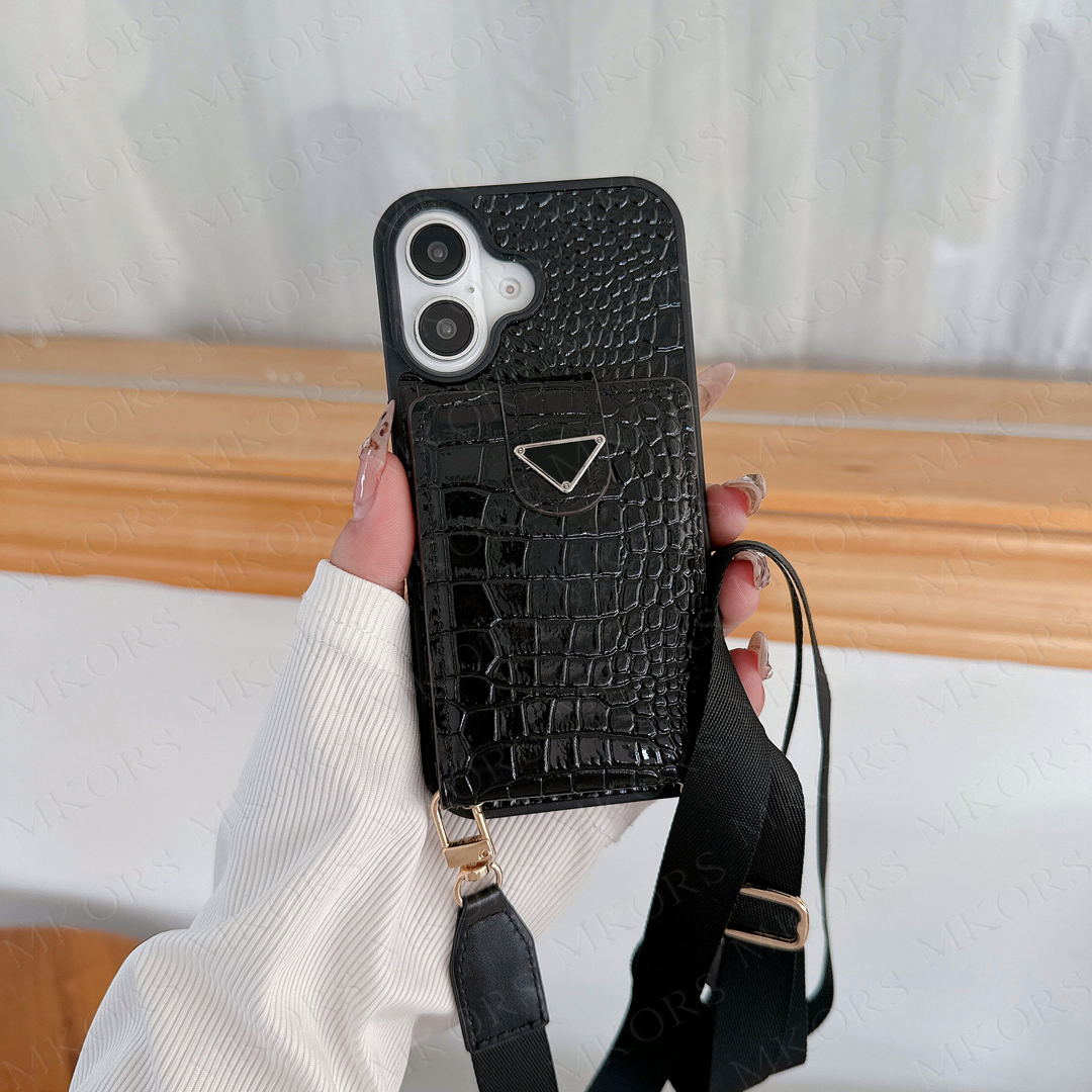 Designer Shoulder Bag Phone Case for iPhone 16 15 Pro Max 14 13 12 11 X Xs Xr 8 7 Plus Leather Folio Card Slot Pocket Detachable Neck String Strap Cov
