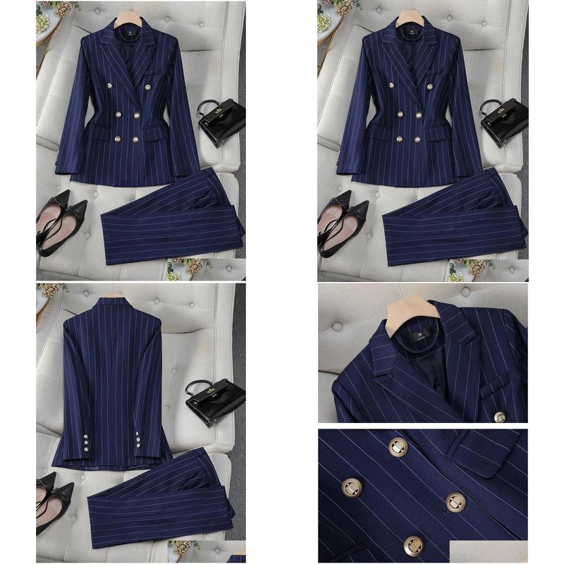 Women'S Suits & Blazers Womens Fashion S-8Xl Office Ladies Formal Pant Suit Set Women Blue Striped Female Business Work Wear 2 Piece Dhoxz