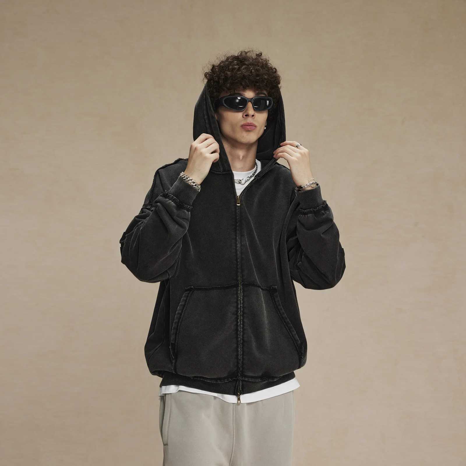 New Arrival Distressed Hooded Sportswear with Zipper Vinatge Loose Edge Double Zipper Hoodie Y2k Mens Cotton Winter Clothing Z241118