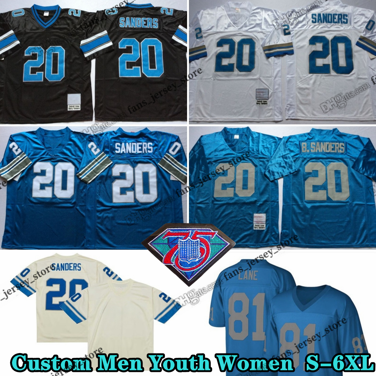 Custom 75th Throwback 20 Barry Sanders Football Jerseys 81 Richard Lane 1960 71 Alex Karras 84 Herman Moore 4 Jason Hanson 28 Yale Lary 44 Dick LeBeau 76 Lou Creekmur
