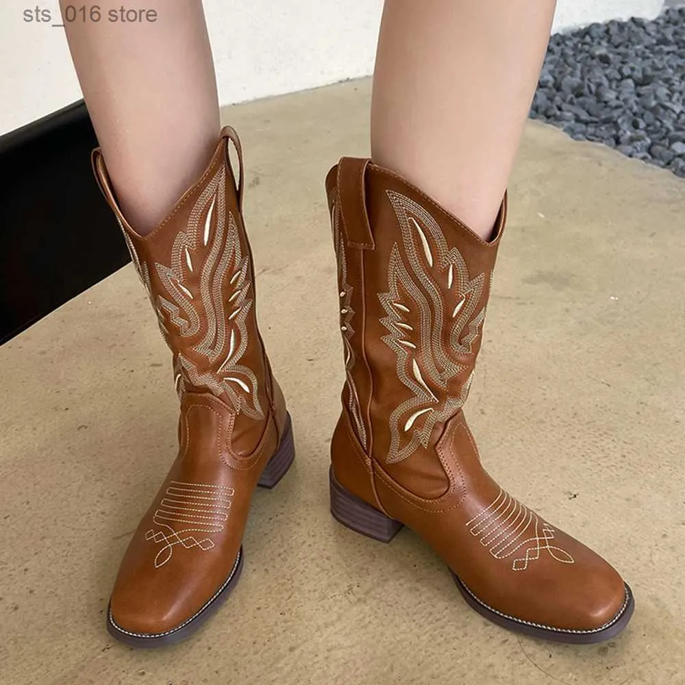 Cowboy Mid Western Cowgirls Calf Boots For Women Chunky Heel Embriodery Sip On Vintage Brand Designer Comfy Shoes Woman T230824 241119