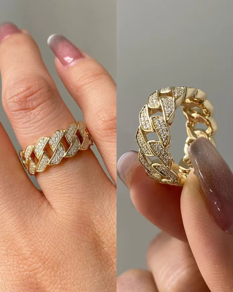 Real Diamond Hip Hop Cuban Curb Chain Ring Full Eternity 14k 18k Gold Trendy Mens for Wedding Anniversary Style Rings Oem