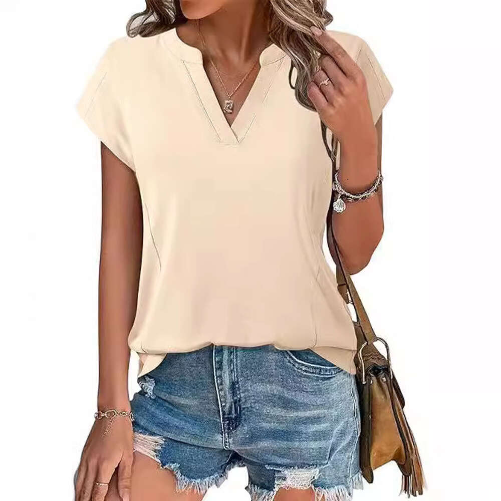 Women's 2024 Spring/summer Solid V-neck Casual Loose Short Sleeved T-shirtF41829