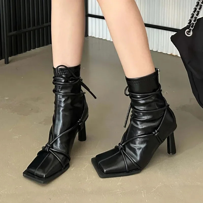New 2024 Cross Strap Design Square Toe Ankle Boots 2025 Winter Sexy Thin Round High Heels For Women Back Zip Botas Mujer