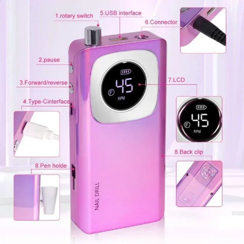 Original 45000RPM Professional Rechargeable Electric Nail Drill Machine Portable Cordless Nail File For Acrylic Gel Nails Remove 241118