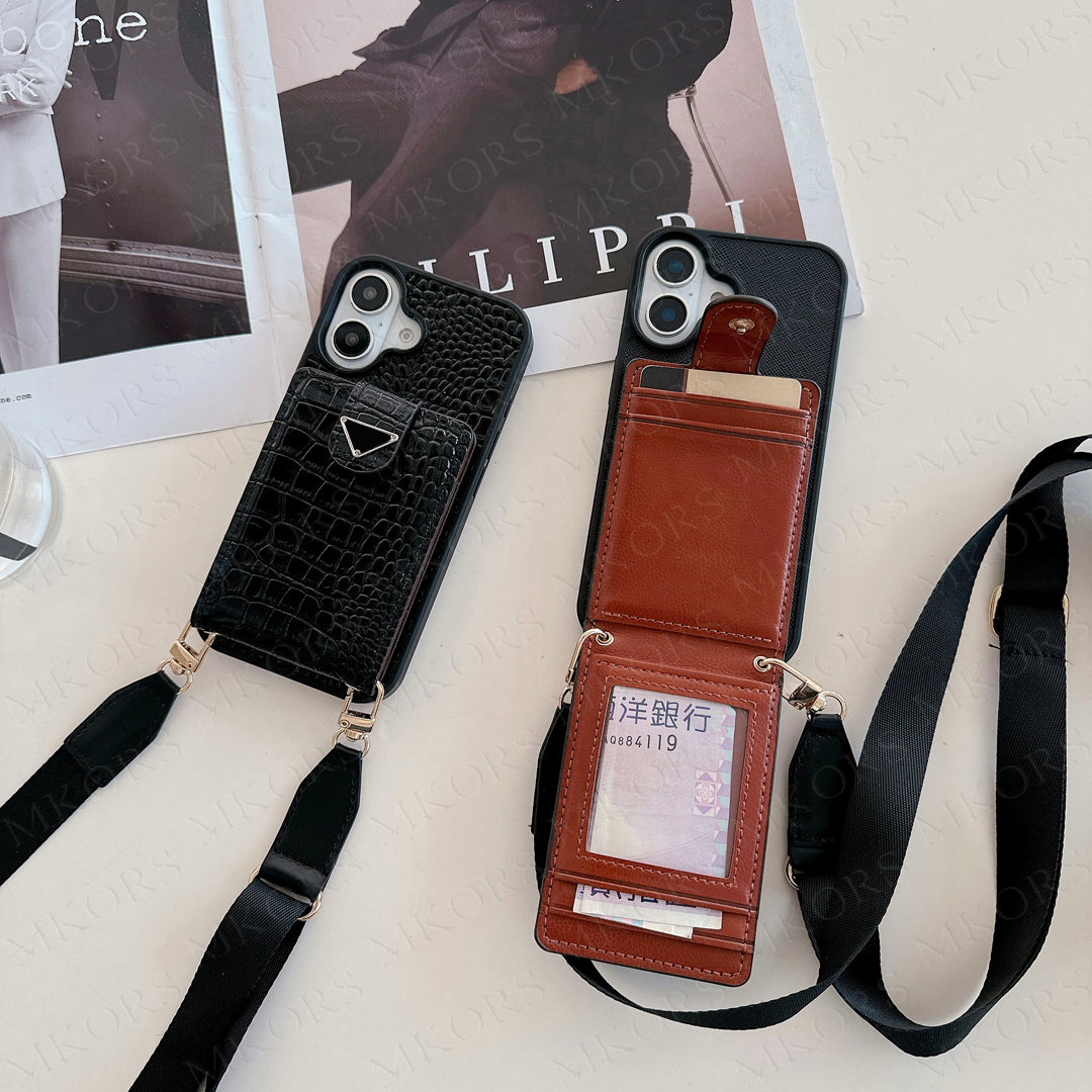 Designer Shoulder Bag Phone Case for iPhone 16 15 Pro Max 14 13 12 11 X Xs Xr 8 7 Plus Leather Folio Card Slot Pocket Detachable Neck String Strap Cov